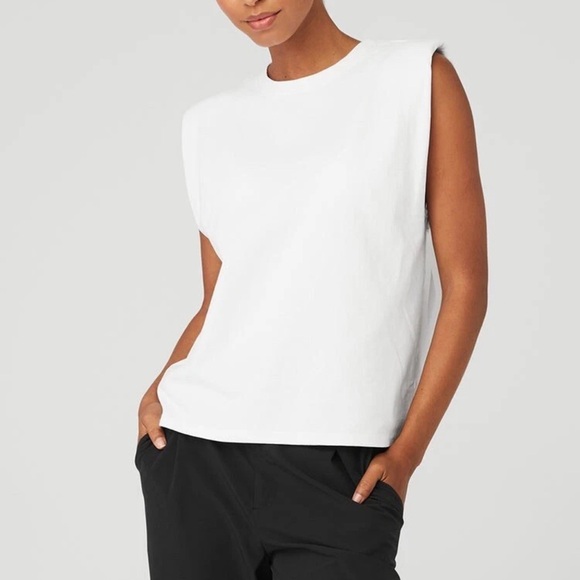 ALO Yoga Headliner Shoulder Pad Sleeveless Tee - White - Picture 12 of 15
